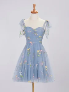 blue short frock with flower patels