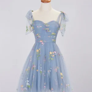 blue short frock with flower patels